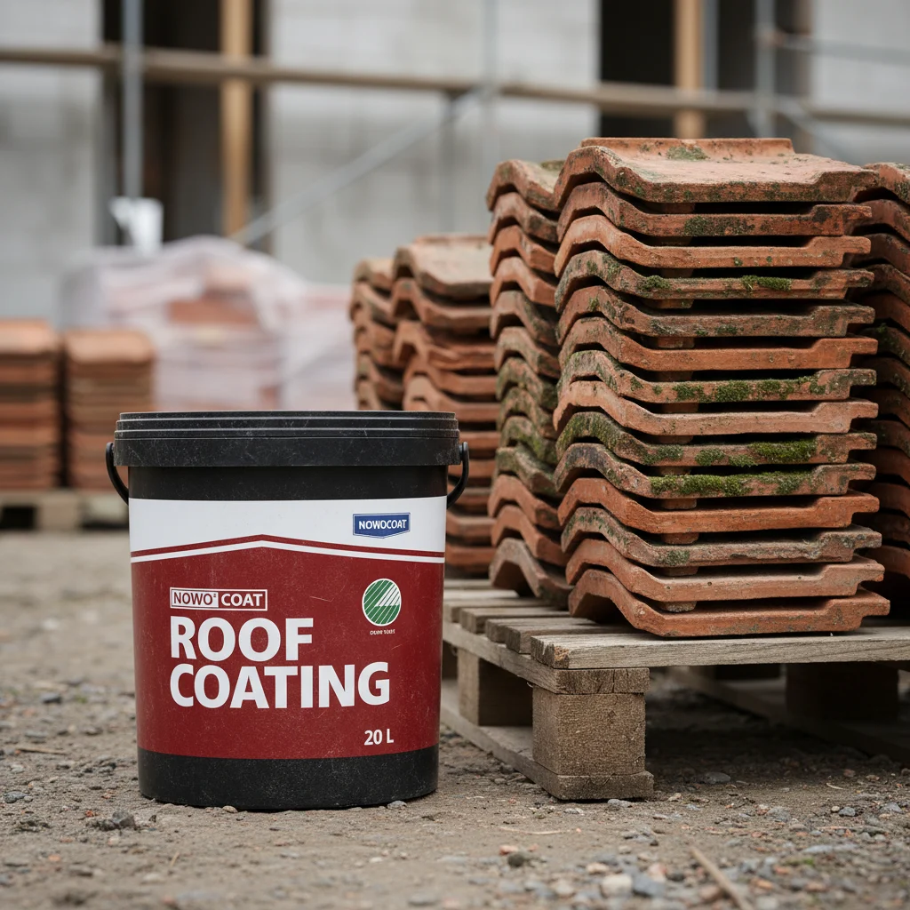 Nowocoat Roof Coating obok ułożonych dachówek — aranżacja produktu