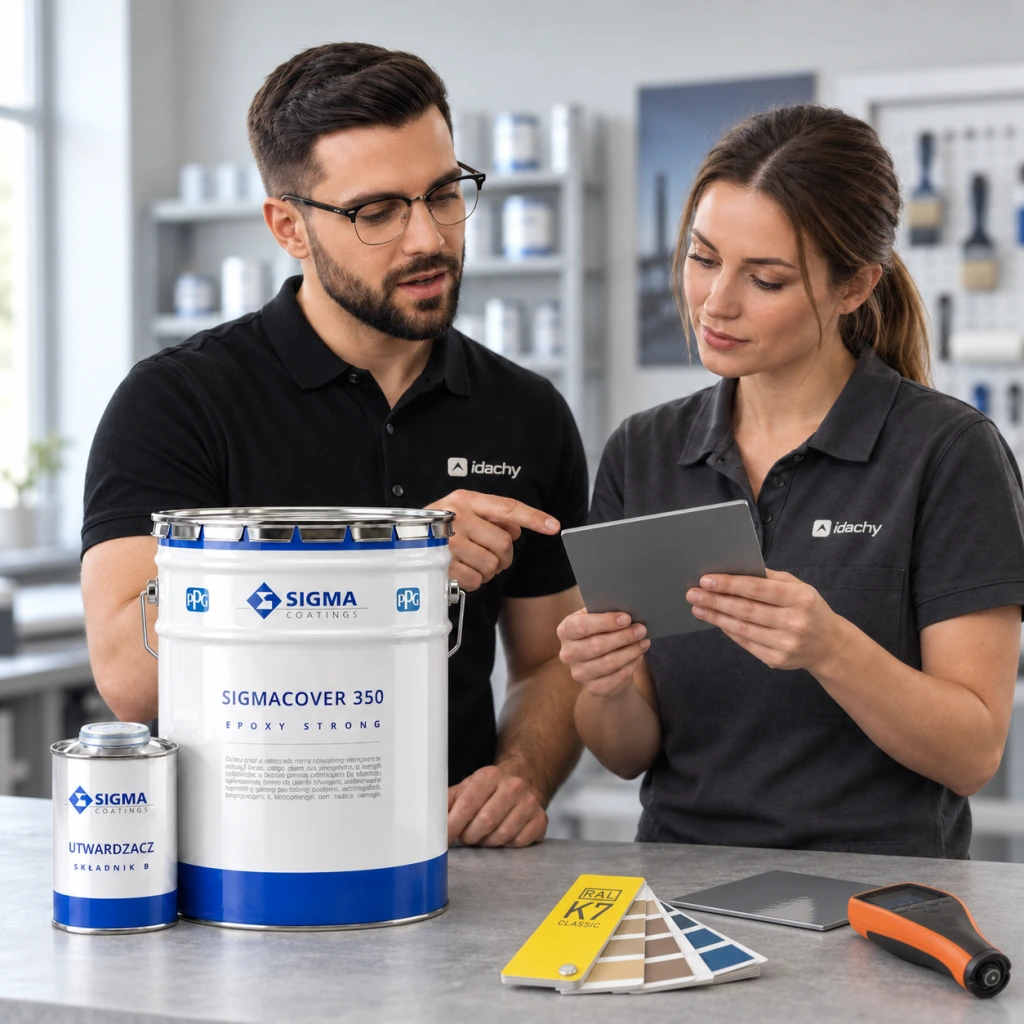 Sigmacover 350 and its round hardener can beside a coating sample, with the iDACHY brand character